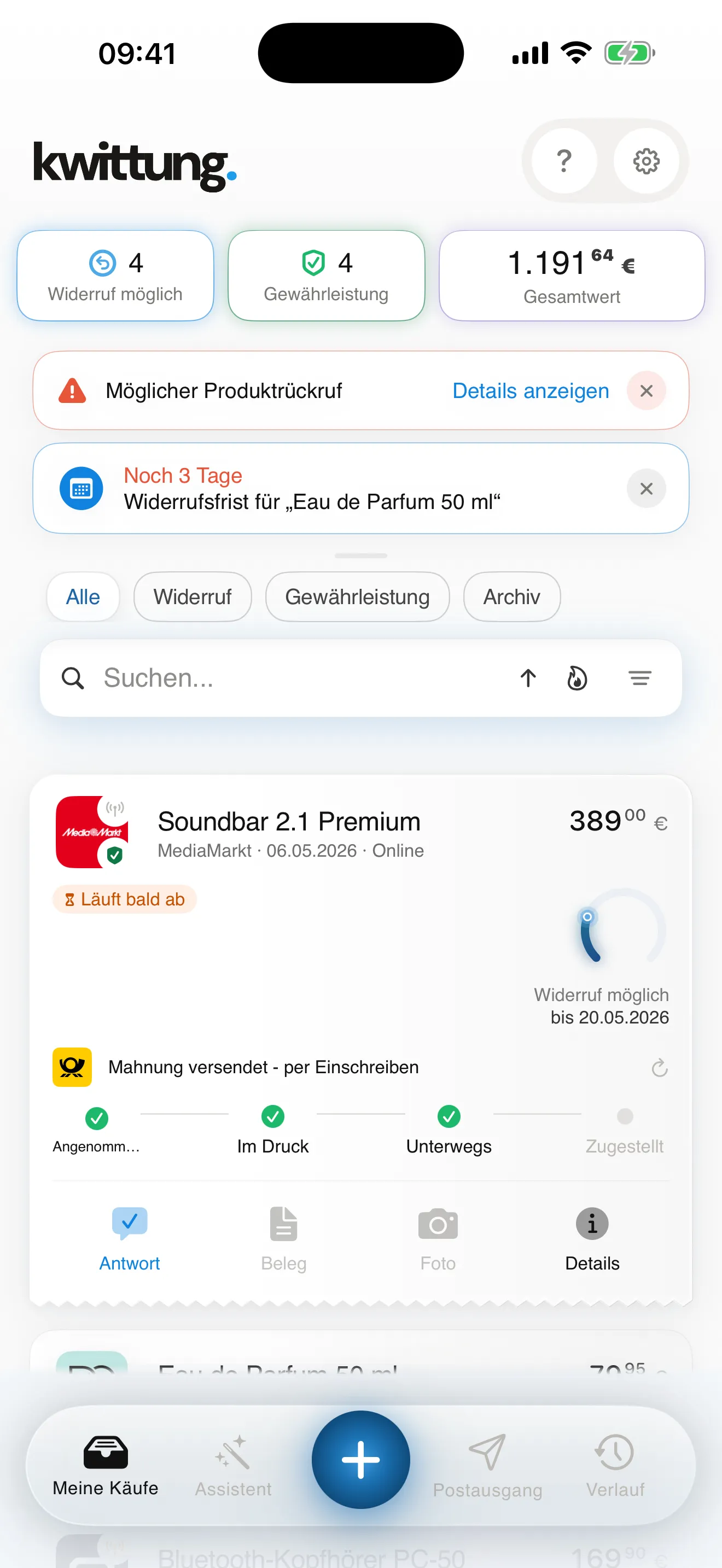 kwittung-App: Belegübersicht mit Fristen und Gesamtwert (helles Design)