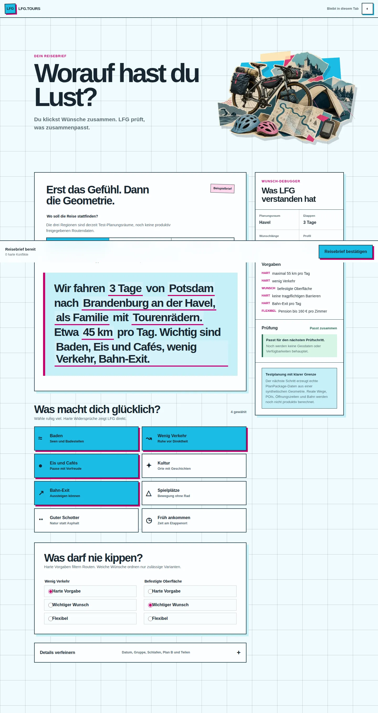 Der interaktive LFG.TOURS Reisebrief mit Tour-Satz, Reisezutaten und sichtbarer Konfliktprüfung