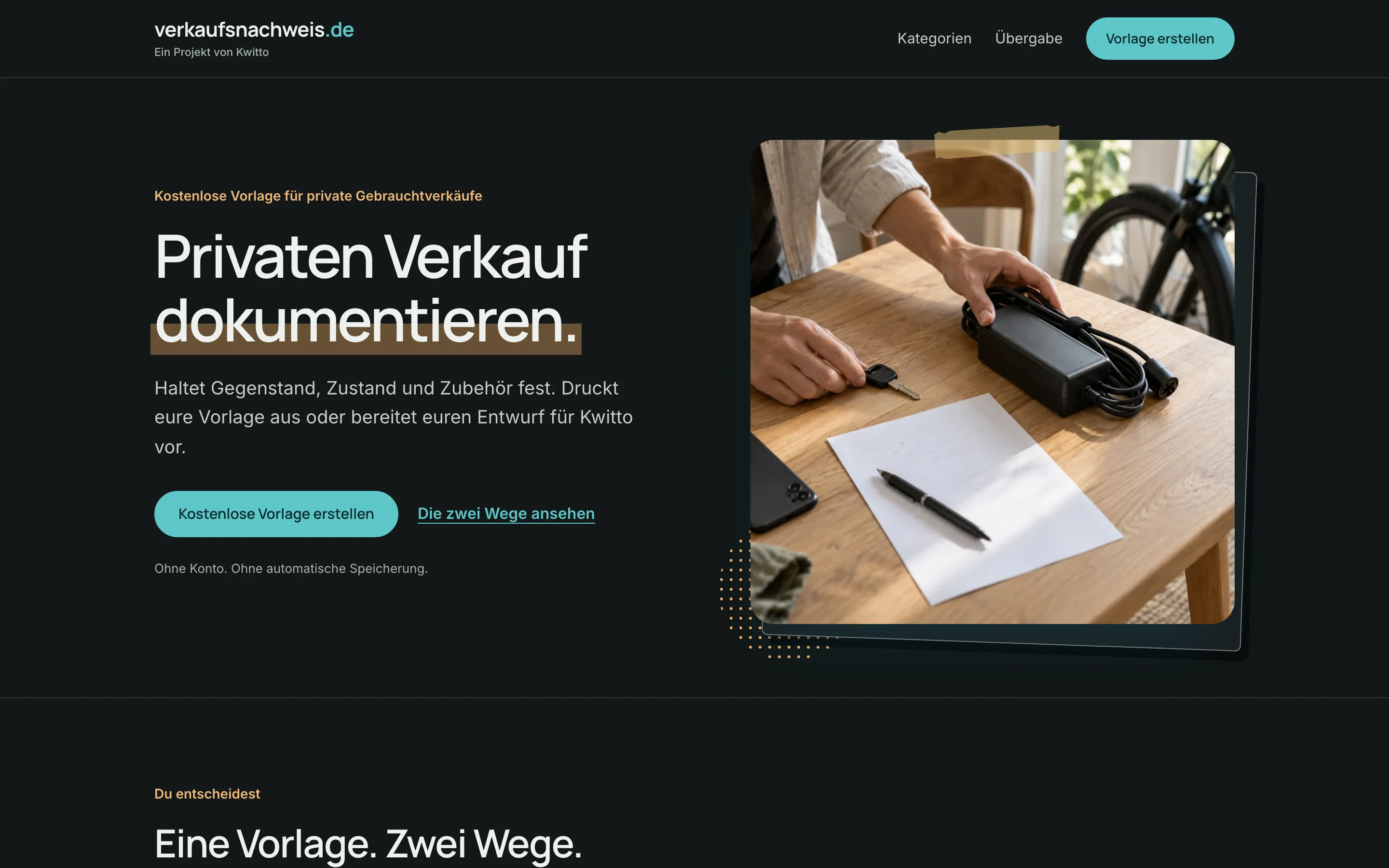 Startseite von verkaufsnachweis.de: kostenlose Vorlage, um einen privaten Verkauf zu dokumentieren
