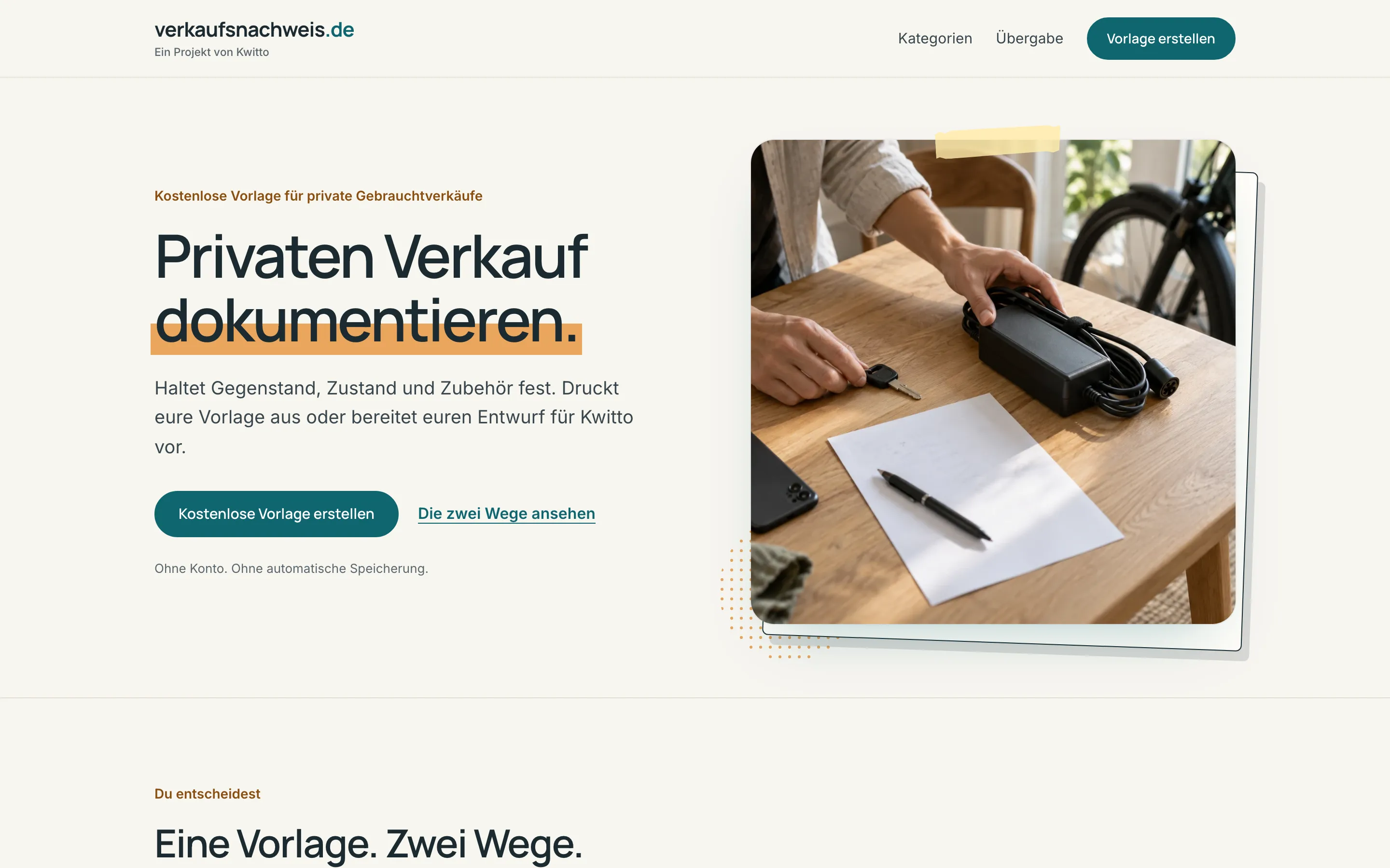 Startseite von verkaufsnachweis.de: kostenlose Vorlage, um einen privaten Verkauf zu dokumentieren (helles Design)